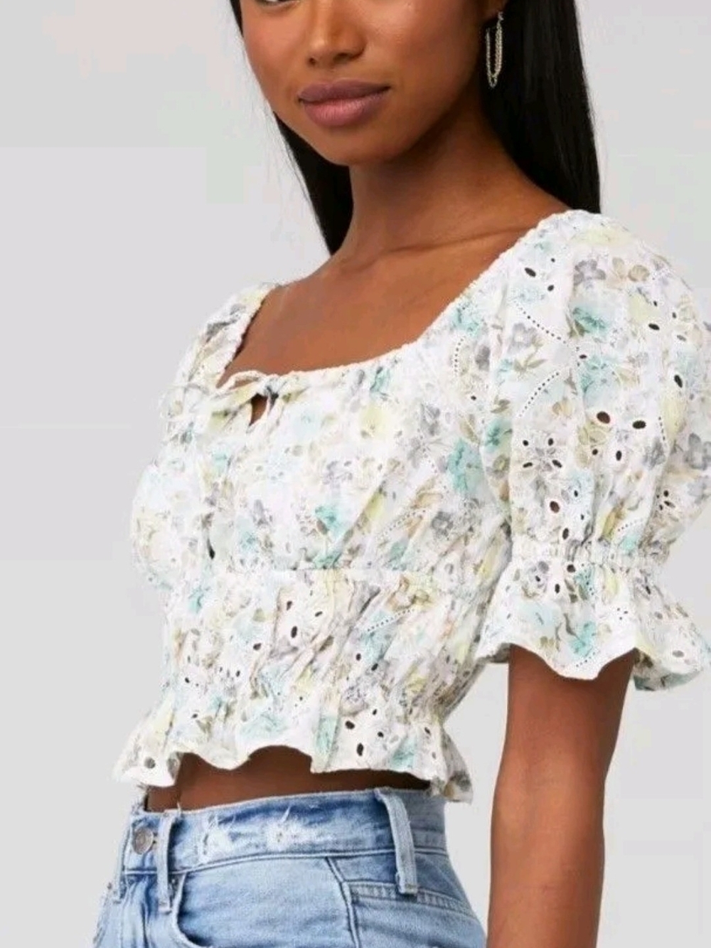 MINKPINK Irwin White Floral Eyelet Smocked Crop Top